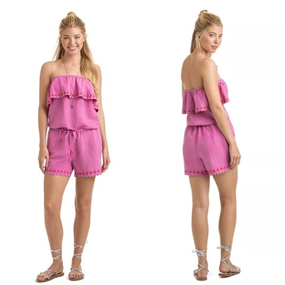 Vineyard Vines Light Magenta Strapless Ruffle Embroidered Linen Blend Romper M
